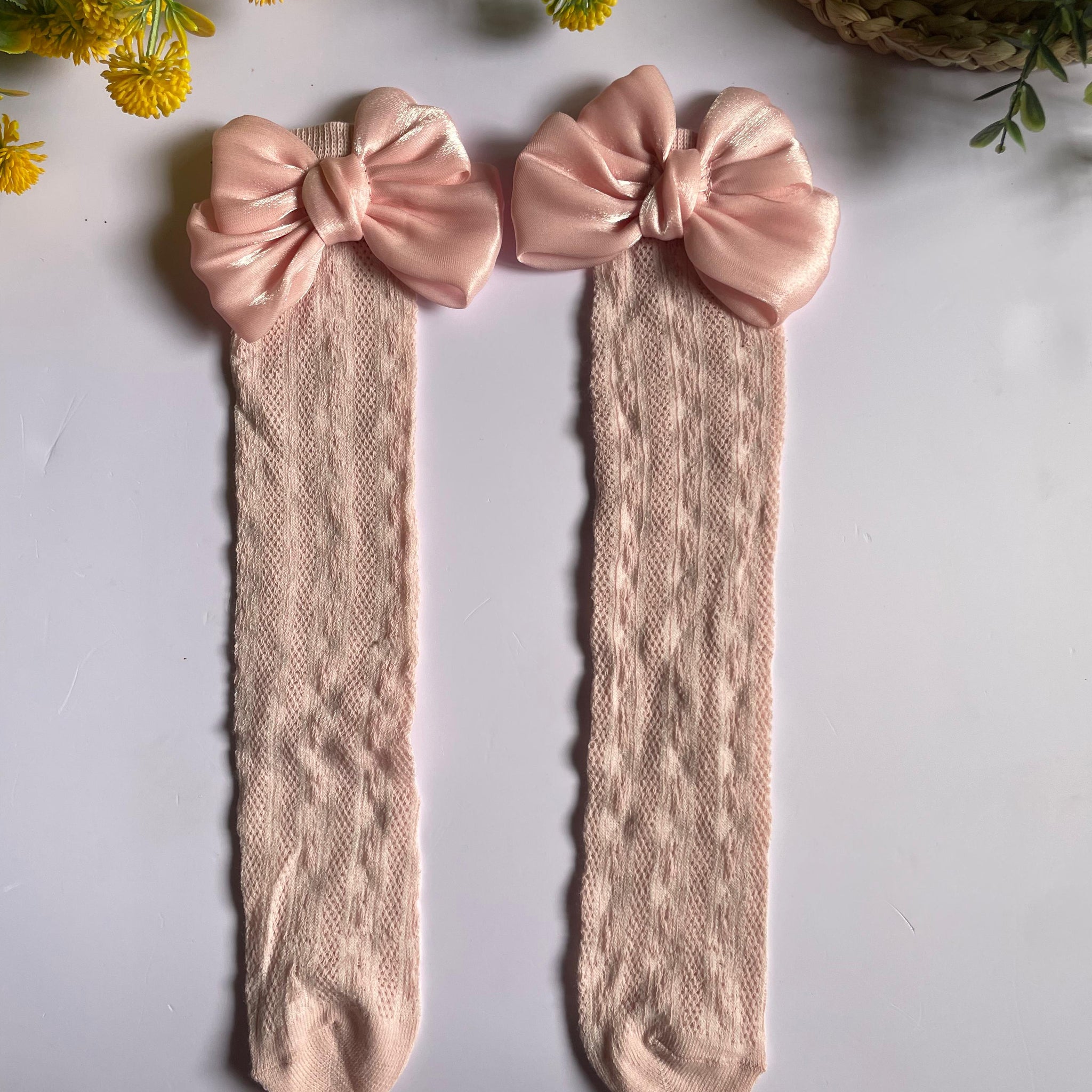 Satin bow above knee socks