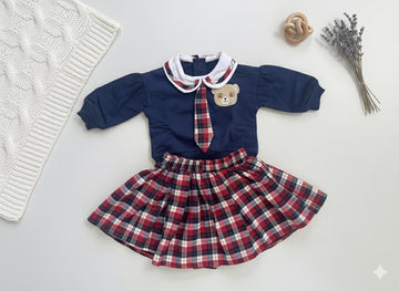 Teddy bear tie & plaid skirt set