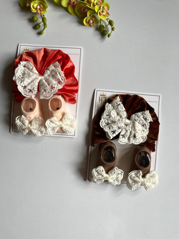 lace bow turban with socks set
