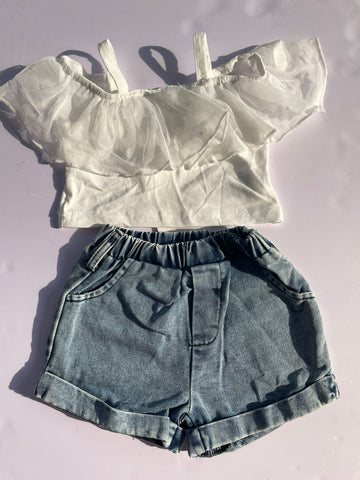 Angel white top with denim shorts